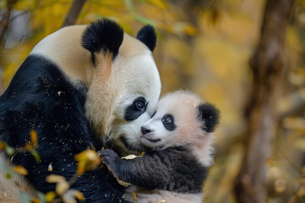 Foto un cucciolo di panda che allatta dalla madre in un albero