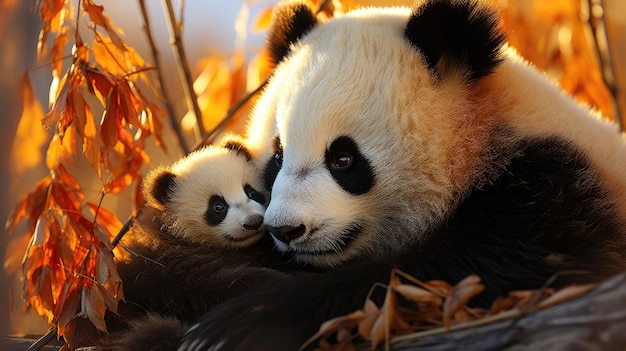 Детеныш панды прижимается к маме