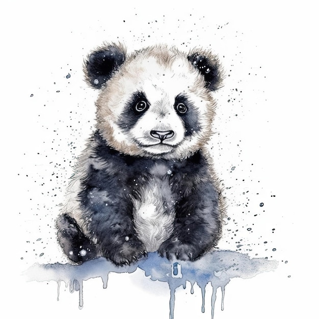 Baby Panda watercolor with ink outline on white background high detailed generative AI