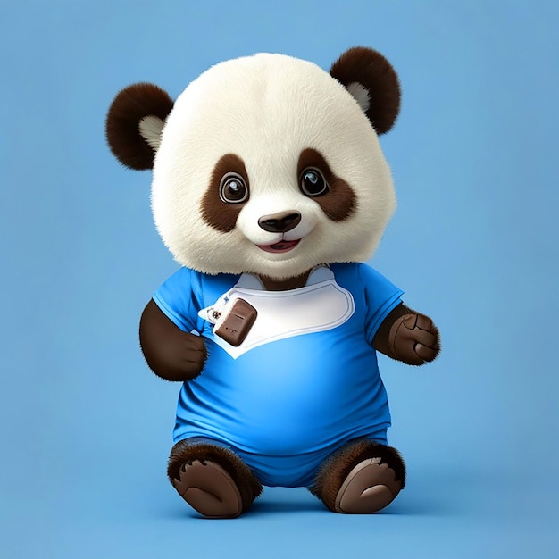 파란색 반바지를 입고 흰색 티셔츠를 입고 초콜릿을 들고 있는 아기 팬더 이미지 무료 다운로드