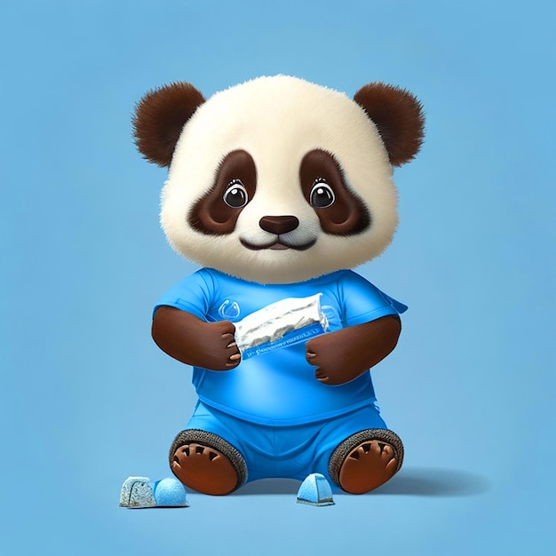 a baby panda wearing a blue shorts and a white tshirt holding a chocolate image free download