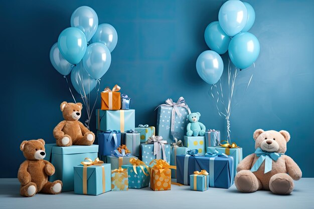 Photo baby party decorations on blue wall gifts toys balloons garland and figure