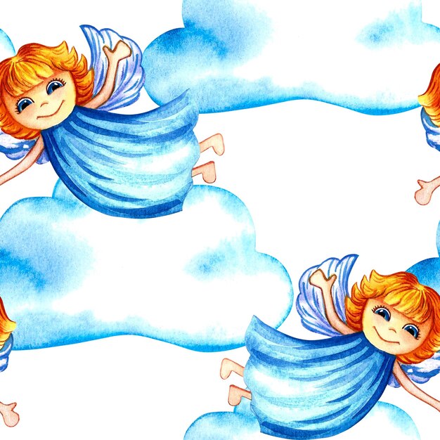 Baby pattern of angels in the clouds. Watercolor illustration.