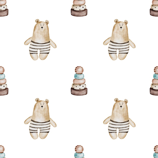 Baby pattern with retro toys watercolor ornament with vintage bear and wooden pyramid in pastel