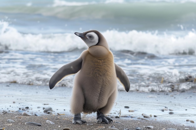 Baby penguin flapping its flippers near the shore