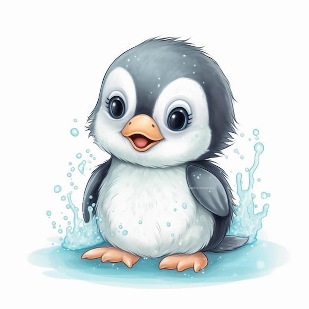 A baby penguin is standing in the water and has a blue nose.