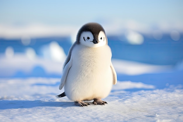 a baby penguin standing on snow