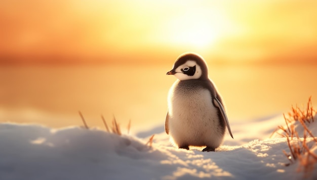 A baby penguin standing in snow