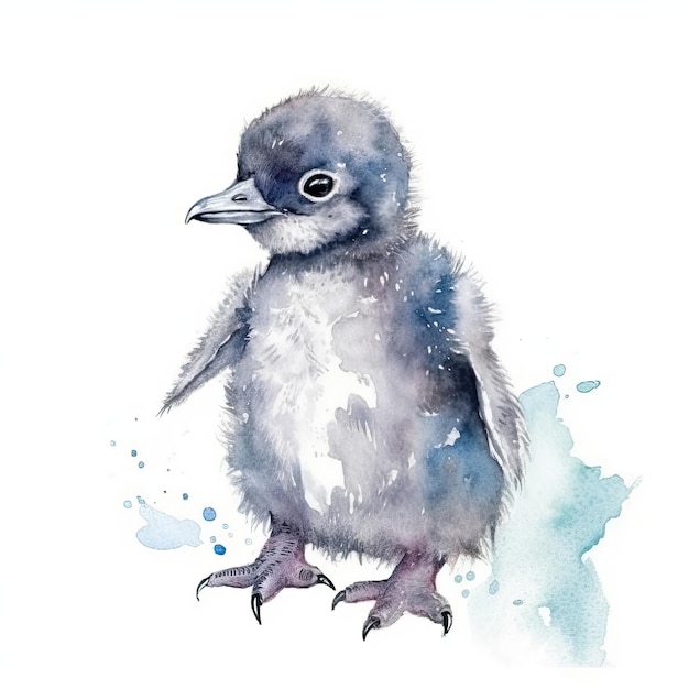 Baby Penguin watercolor with ink outline on white background high detailed generative AI