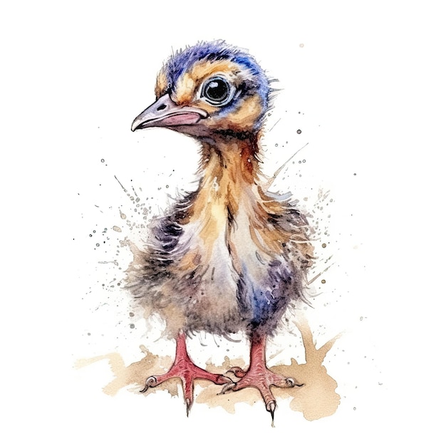 Baby Pheasant watercolor with ink outline on white background high detailed generative AI