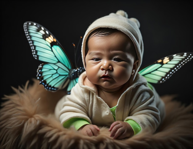 背中に蝶を抱いた赤ちゃんの写真