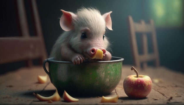 Baby pig eating applesauce image Ai generated art