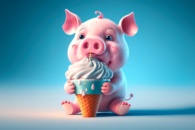 Baby pig eating Ice Cream in Waffle Cone