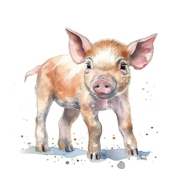 Baby Pig watercolor with ink outline on white background high detailed generative AI