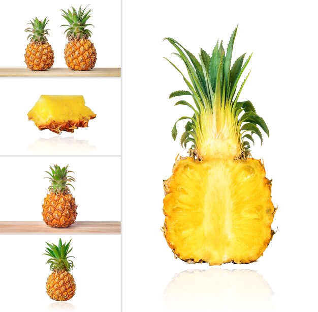 Baby pineapple isolated on white background Collage of set photos