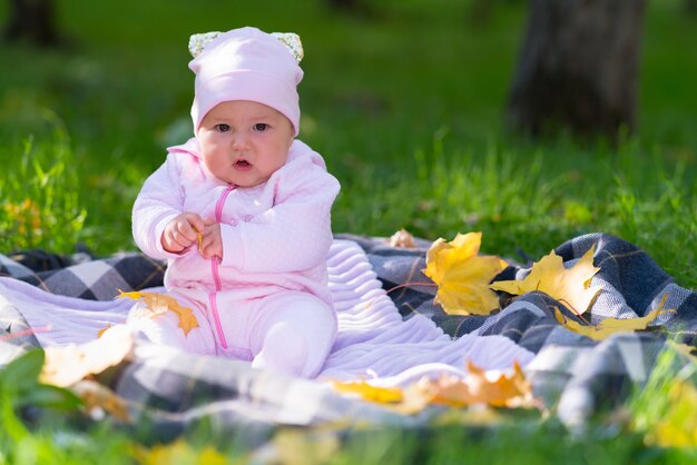 公園のシーンで紅葉の中でピクニックの敷物で遊んでいるピンクの服を着た赤ちゃん。