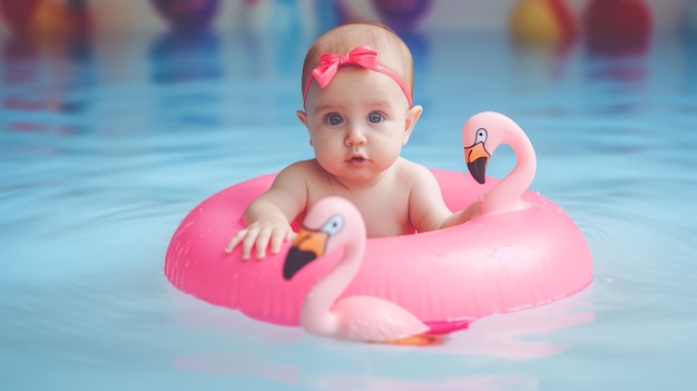 A baby in a pink flamingo float