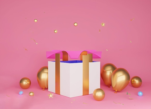 baby pink and golden background opened gift box with blank paper and balloon blank space