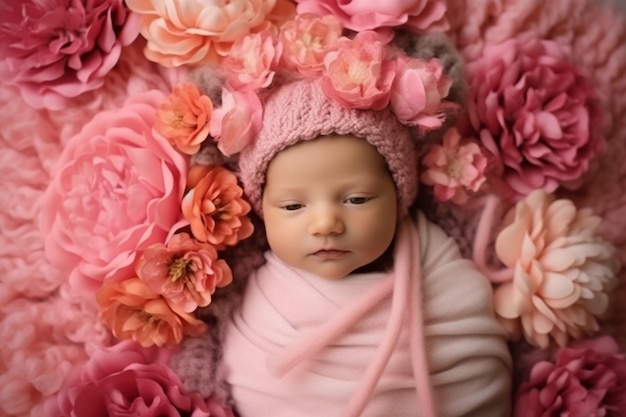 Photo baby in a pink hat with flowers