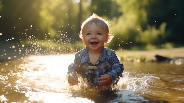 太陽の光がシャツに当たる中、水たまりで遊ぶ赤ちゃん。