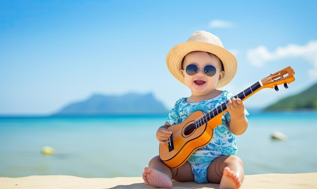 A baby playing a ukulele on the beach