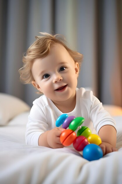 Фото Ребёнок играет с красочной гремучкой