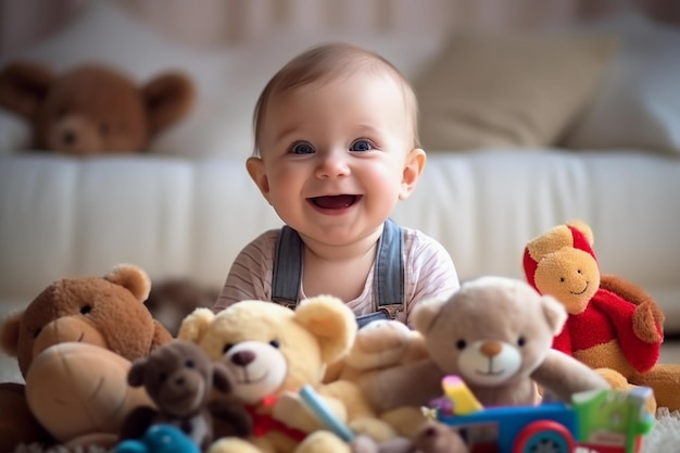 Baby playing with his stuffed animals on his bed