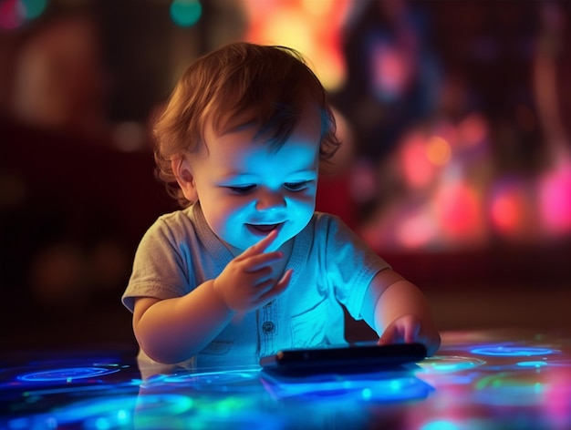 A baby playing with a phone in the dark