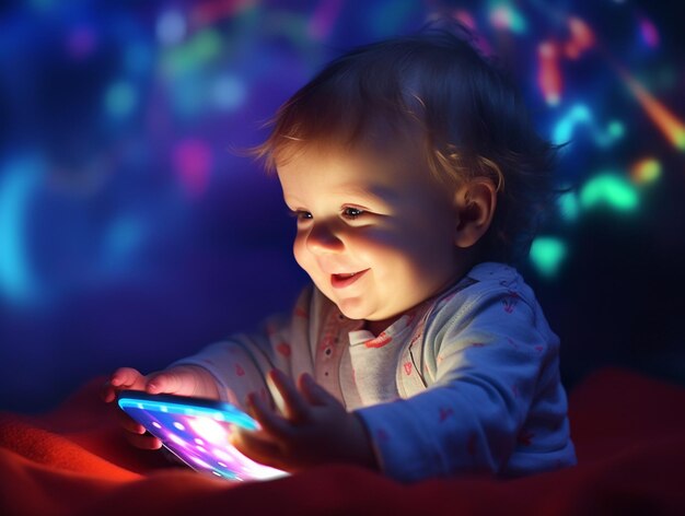 A baby playing with a phone in the dark