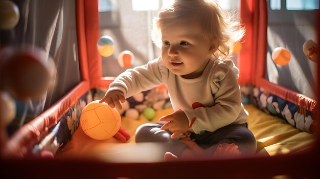 baby playing with a soft ball in a playpen