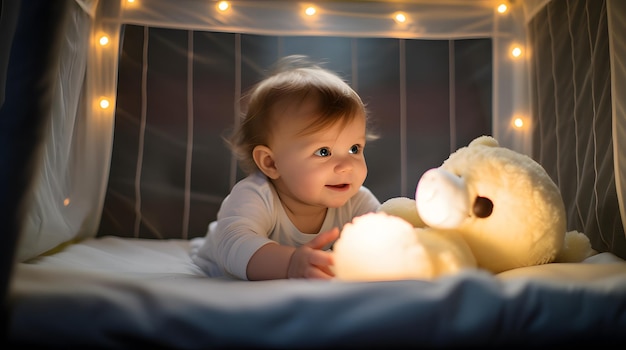 Photo baby playing with a soft ball in a playpen
