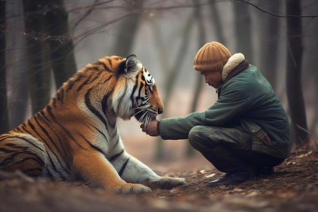 Baby playing with the tiger Generative AI