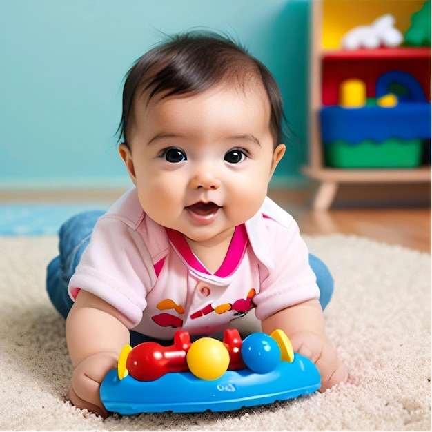 A baby playing with a toy on the floor