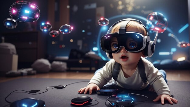 Ребенок играет с VR-гарнитурами Metaverse и технологии будущего