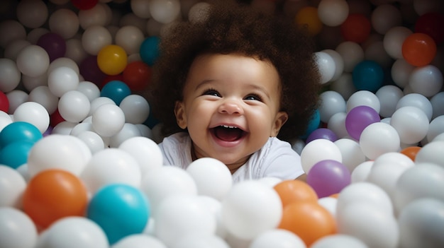 A baby plays in a ball pit