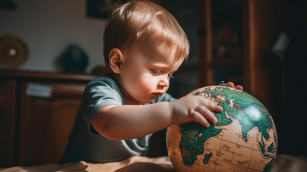 A baby plays with a globe that says'world'on it '