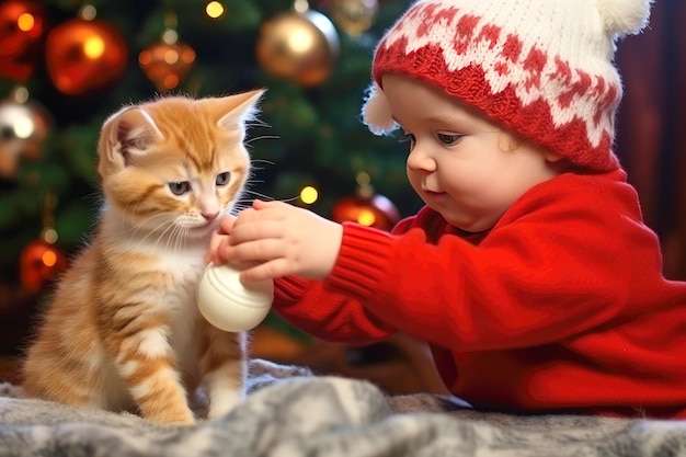 A baby plays with a kitten with a Christmas ball against the backdrop of a Christmas tree