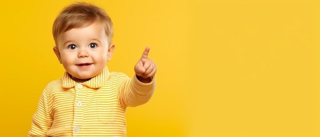 a baby pointing at something on a yellow background