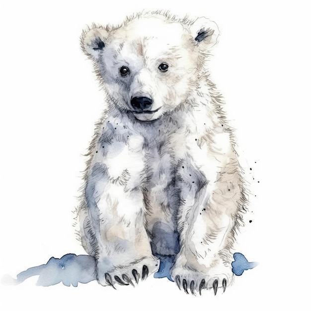 흰색 배경에 높은 상세한 생성 AI에 잉크 윤곽선이 있는 아기 북극곰 수채화