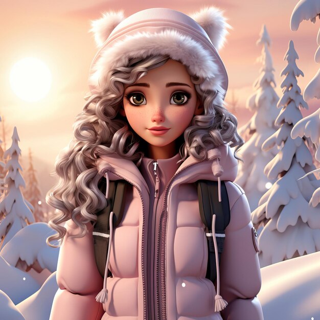 Foto baby pop in de winter cartoon met roze en witte achtergrond