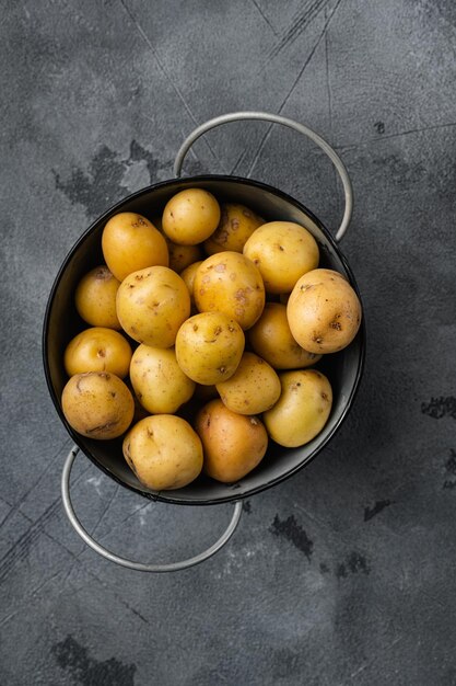 Baby potato set on gray stone table background top view flat lay with copy space for text