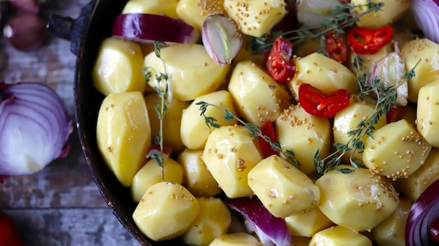 Baby potatoes with seasonings and spices in a pan before baking Cooking baked potatoes