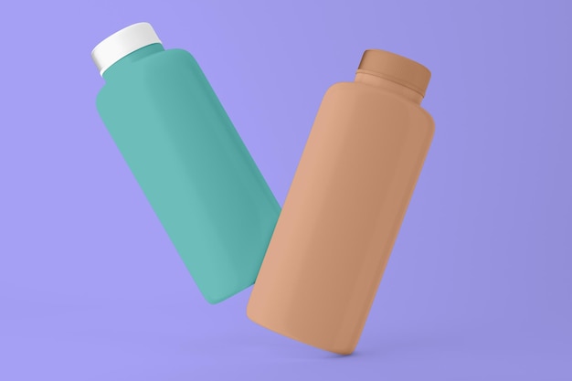 Перспективная сторона бутылок с детской присыпкой изолирована на фиолетовом фоне