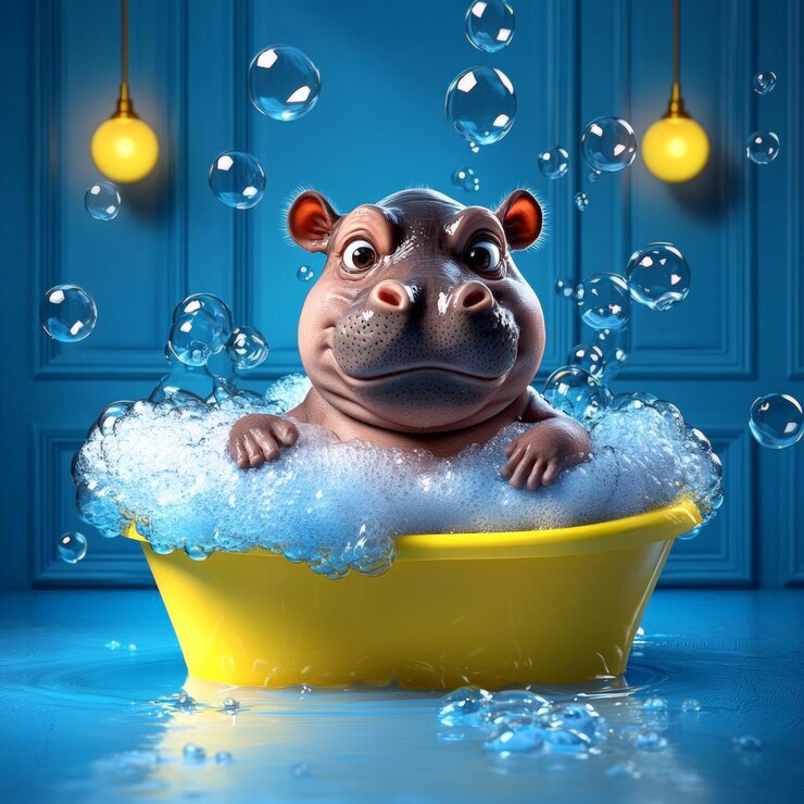 Photo a baby pygmy hippo in a bubble bath 3d art with vibrant colors playful bathroom setting with bubbles