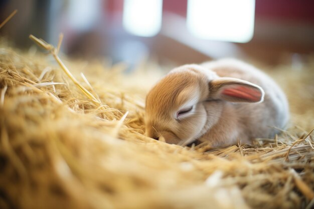 Baby rabbit asleep nestled in hay bedding