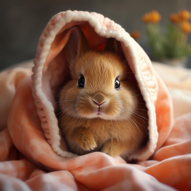 Photo a baby rabbit is sitting in a warm and cozy blanket