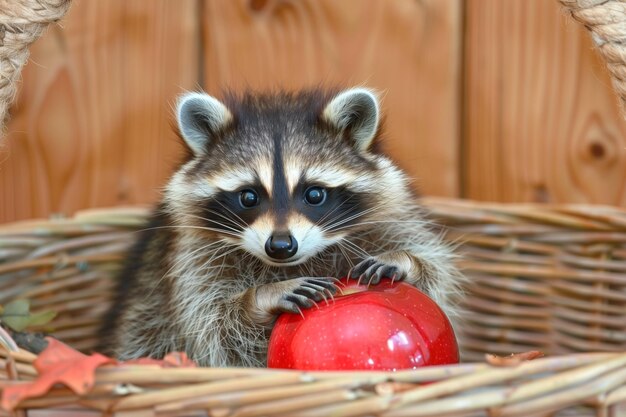 Photo baby raccoon in wicker basket with shiny red apple