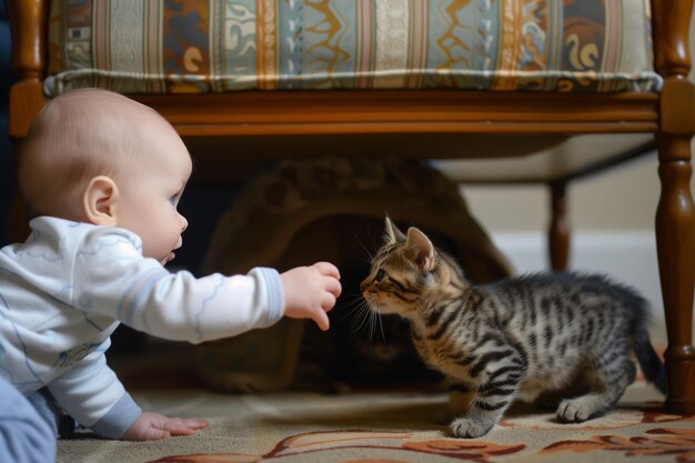 Photo baby reaching out to a kitten hiding under a chair