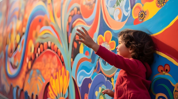 Premium AI Image | baby reaching out to touch a colorful mural