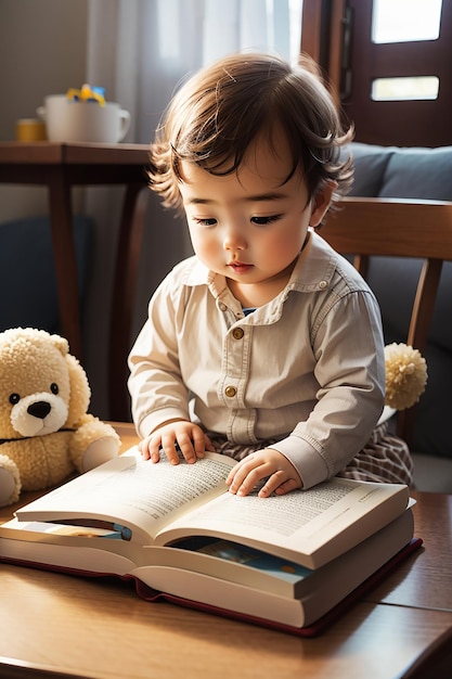 Photo a baby reading book on table ai image